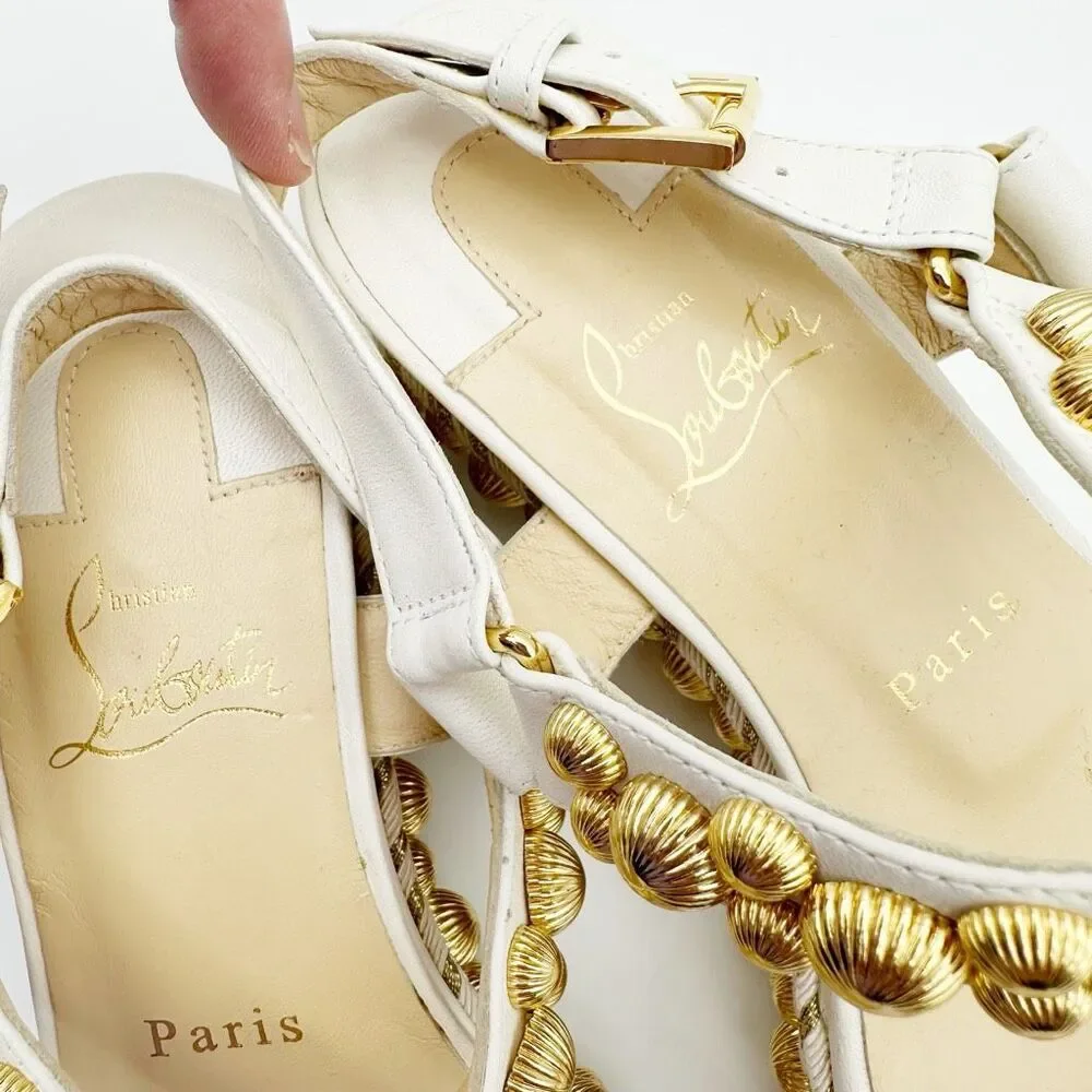 CHRISTIAN LOUBOUTIN Rondaclou Studded Chunky Wedge Heels Size 37 Sandals White